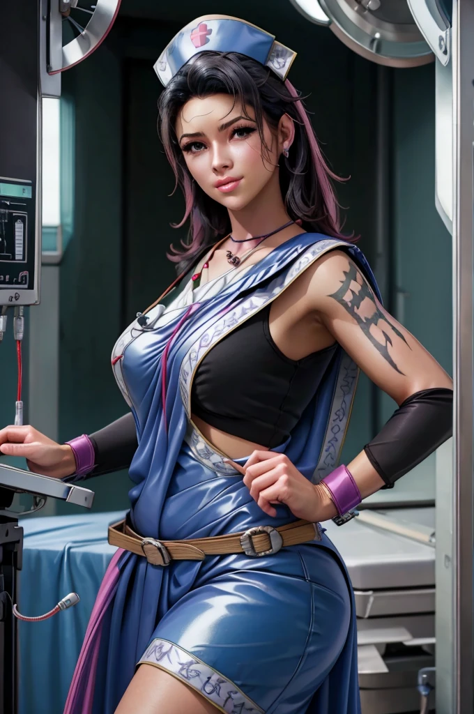masterpiece, best quality, extremely detailed, hyperrealistic:1.1, photorealistic, a beautiful 20s russian model, ultra detailed face:1.1, half updo, black hair, purple crop top, collared jacket, sunglasses on head:1.1, server room, cyber punk, yelling:1.3, open mouth:1.3, arm up