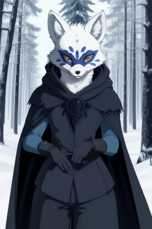 Alopex, arctic fox, furry, blue marks face, tmnt, orange eyes, 1girl, solo, blue cape, cloak, gloves, black robe, pants, best quality, masterpiece, Mouth Mask, forest, 