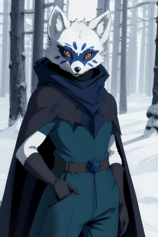 Alopex, arctic fox, furry, blue marks face, tmnt, orange eyes, 1girl, solo, blue cape, cloak, gloves, black robe, pants, best quality, masterpiece, Mouth Mask, forest, 