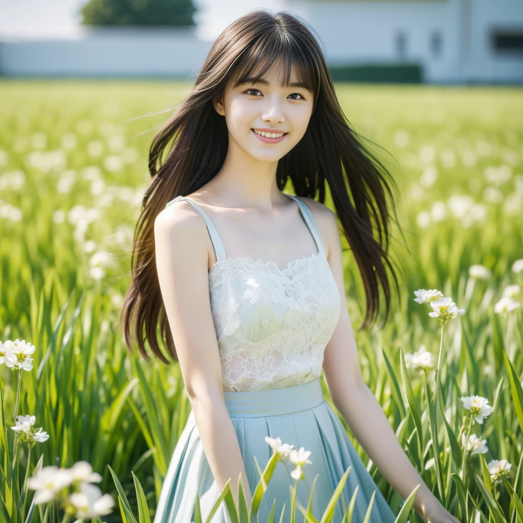 masterpiece, best quality, Ultra-high resolution, detailed illustration, portrait, detailed, 1 girl standing in a wheat field, Solitary, Long hair, skirt, flower, White Hanfu, Smile, whole body, white flower, Bare shoulders, very Long hair, Light green hair, Shut up, For the audience, Bangs,standing, blurred background, High Resolution, Best Quality, Detail, High Details, High Quality, Super Detailed, Textured Skin,bF/2.8, Sony FE, Sony FE GM, 