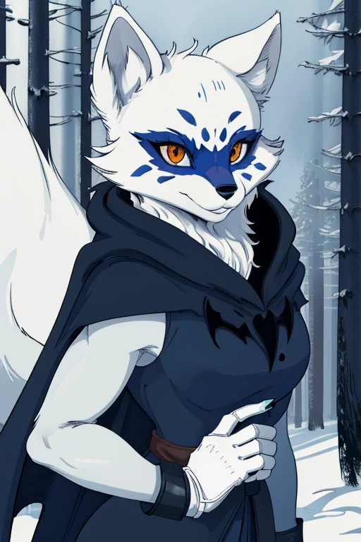 Alopex, arctic fox, furry character, blue marks face, tmnt, orange eyes, 1girl, solo, blue cape, cloak,white gloves, black robe, pants, smile,  best quality, masterpiece, forest, 