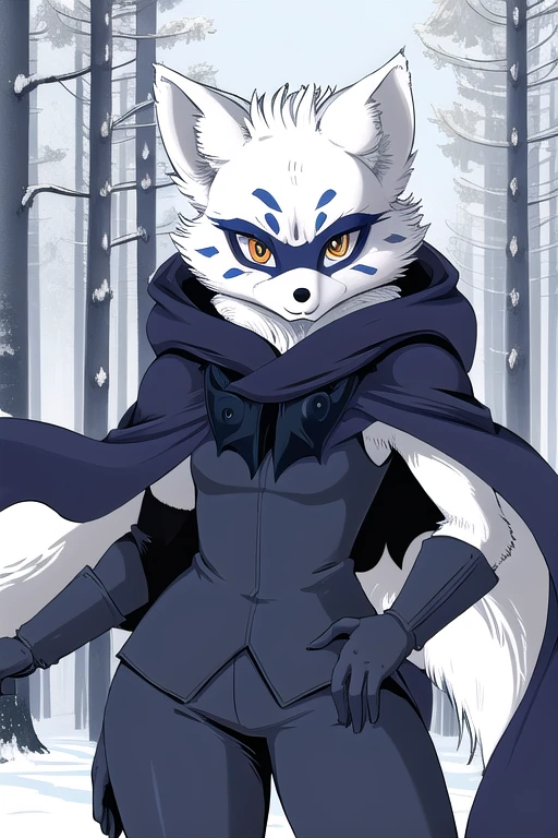 Alopex, arctic fox, furry, blue marks face, tmnt, orange eyes, girl1, solo, cape, cloak, gloves, robe, pants, best quality, masterpiece, Mouth Mask, forest, 