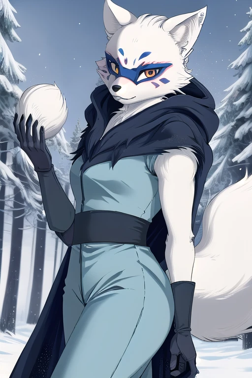 Alopex, arctic fox, furry, blue marks face, tmnt, orange eyes, girl1, solo, cape, cloak, gloves, robe, pants, best quality, masterpiece, Mouth Mask, forest, 