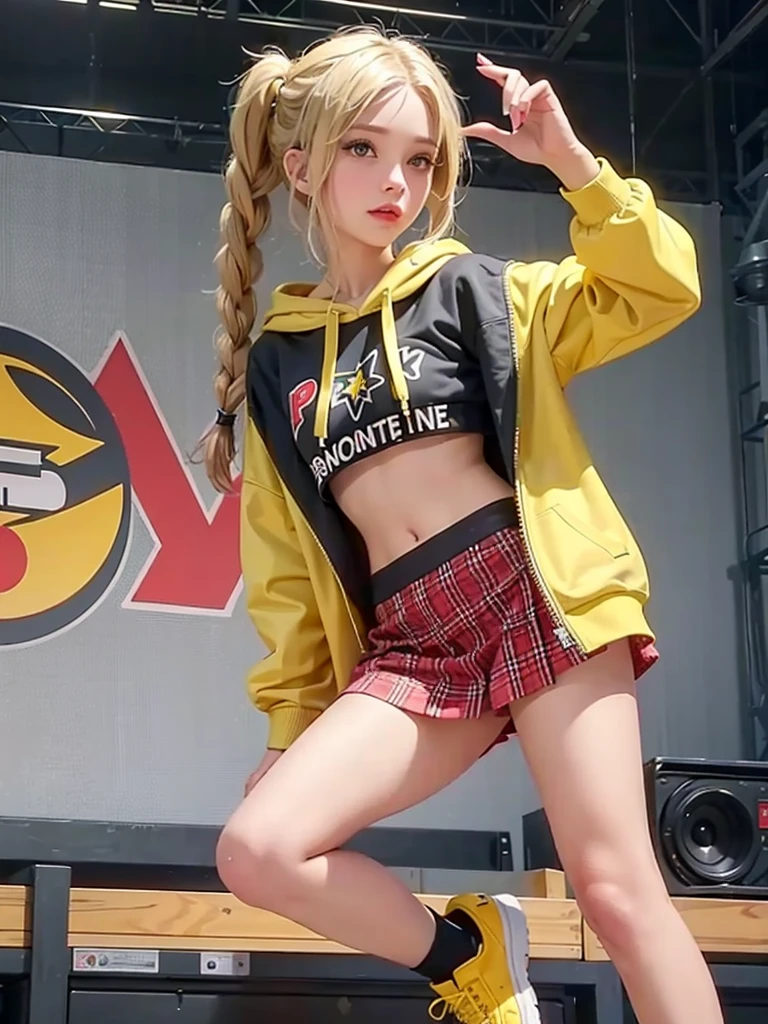 1girl, (Blue eyes), sexy smile, ((Sana Minatozaki)), wide hips, Big breasts, big butt, (Best Quality, 8k, Masterpiece: 1.3)), Clear focus: 1.2, Perfect body beauty: 1.4, Slender abs: 1.2, Wet body: 1.5, Highly detailed face and skin texture, detailed eyes, double eyelids ((twintails blonde hair)), long legs, ((shorts)), ((black_hoodie)), kneepads, headphones, rollers, roller skates, skating, extreme sport, jumping, dynamic pose, full body, in a illuminated park at night, big long shot