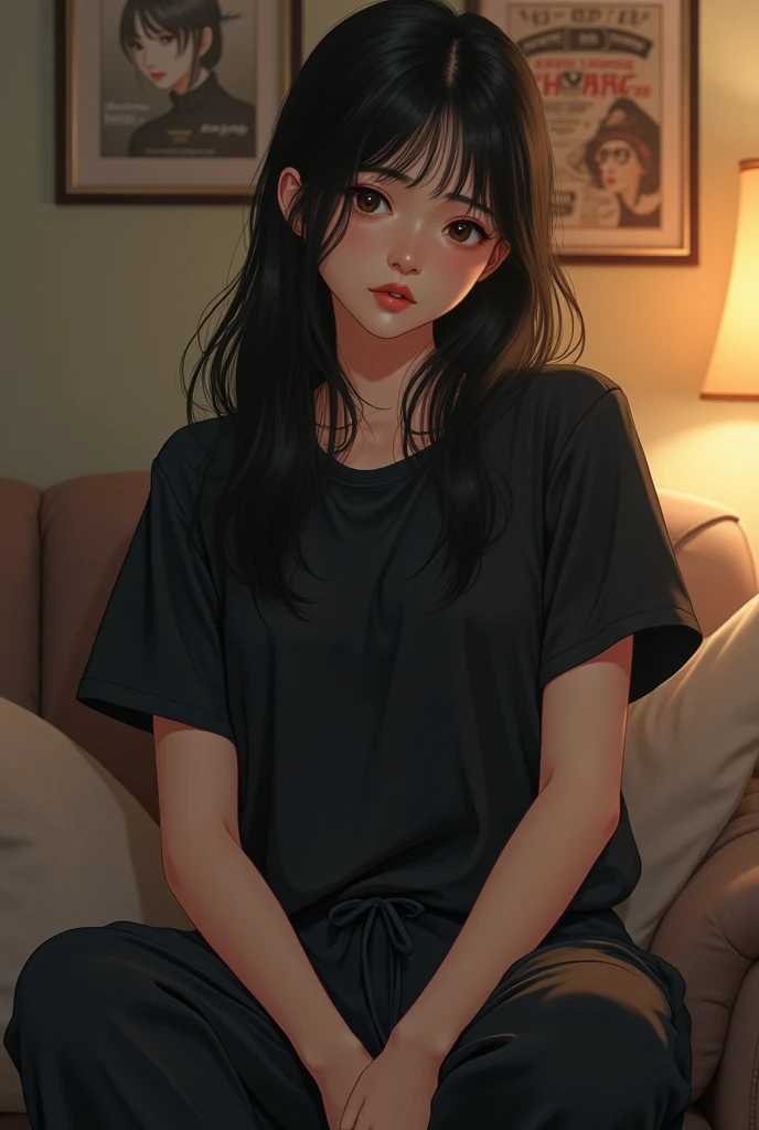 (photorealism:1.2), beautiful woman, sitting on bed, wearing loose off-shoulder crop-top black hoodie, tight pajama shorts, white ankle socks, long black wavy hair, indoors, soft lighting, plants in background, window with sunlight, cozy room, relaxed pose, smooth skin, slim body, perfect body, realistic, intricate details, warm colors, by Greg Rutkowski, by Alphonse Mucha