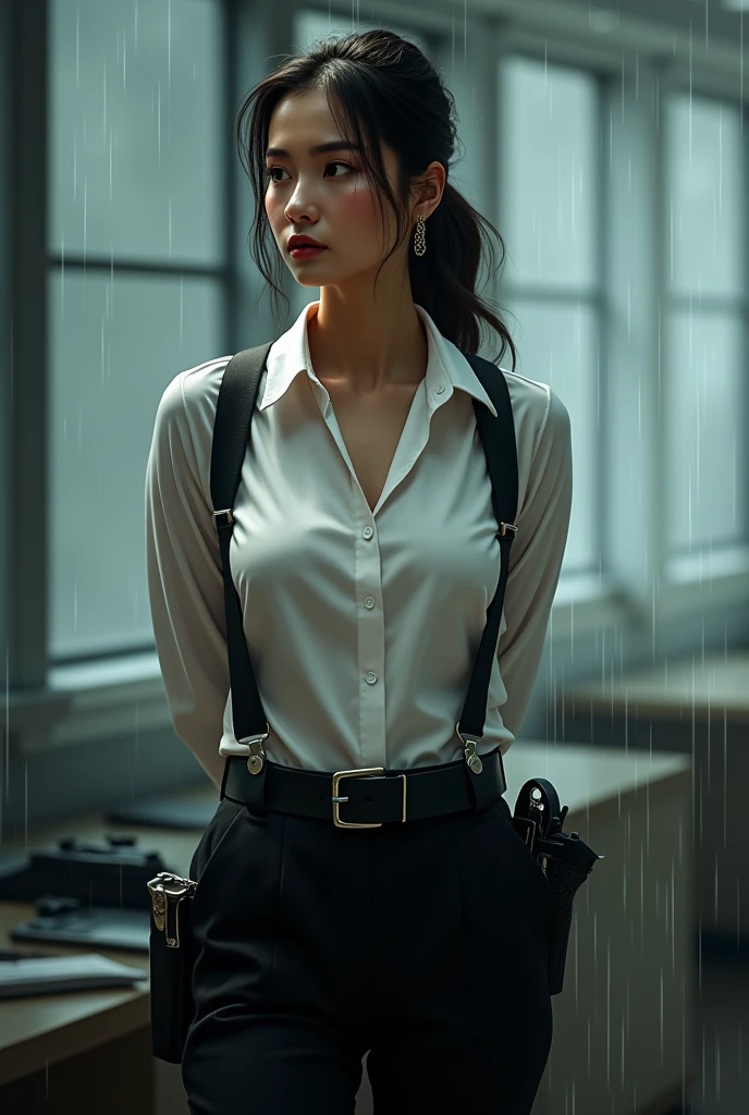 a woman in a suit, belt, hands behind back, sweating, suspenders, black pants, sexly, large breasts, see-through clothing,, detective, office worker, white button-up shirt, (best quality,4K,8k,highres,masterpiece:1.2),ultra-detailed,(realistic,photorealistic,photo-realistic:1.37),hyper-detailed,highly detailed face and body, Slender thin suspenders Moderate breasts See-through shirt Nipples holster chain Pistol Armament criminal Female criminal knife japanese profile Japanese women arrested handcuff Cable tie on thumb Constraints