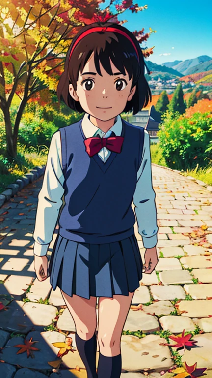 (best quality), high resolution, highly detailed, 1girl, mitsuha miyamizu, black hair, (brown eyes:1.5),, (autumn), sunny day, Ghibli, outdoor, detailed background, perfect lighting, 8k, RAW photo, (fisheye), looking at viewer, smile, ghibli style, short hair, hairband, ribbon, school uniform, hair ribbon, red ribbon, sweater vest, blue sweater vest, shirt, white shirt, collared shirt, long sleeves, skirt, black skirt, pleated skirt,