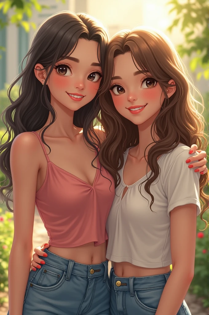 A milf or maybe two, with great attributes, that the type of design is realistic anime and that it has huge tits and a gigantic juicy and beautiful ass, that they are posing where they look rich.