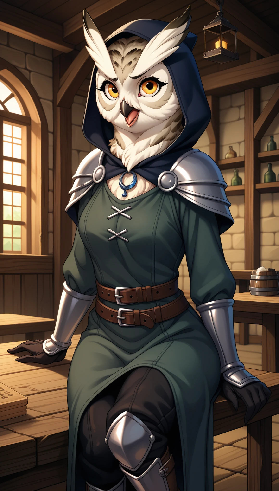 PonyXLV6_Scores BREAK ((zPDXL2)), source_anime, rating_safe, [rating_explicit], BREAK

((A 2 female snow owl with an athletic build)), covered in mottled brown and white feathers like an owl, sits at a wooden table in a medieval tavern. Her large, round amber eyes and heart-shaped face with a sharp beak give her an intense look. She wears a dark grey tunic with silver embroidery, lightweight black leather armor, and a large steel shoulder pauldron adorned with runes. Her leather trousers are tucked into knee-high, metal-reinforced boots. A dark mantle with a fur-lined hood cascades from her shoulders, partially covering her folded owl wings. A silver crescent moon amulet hangs around her neck as she scans the room with a blend of grace and strength.