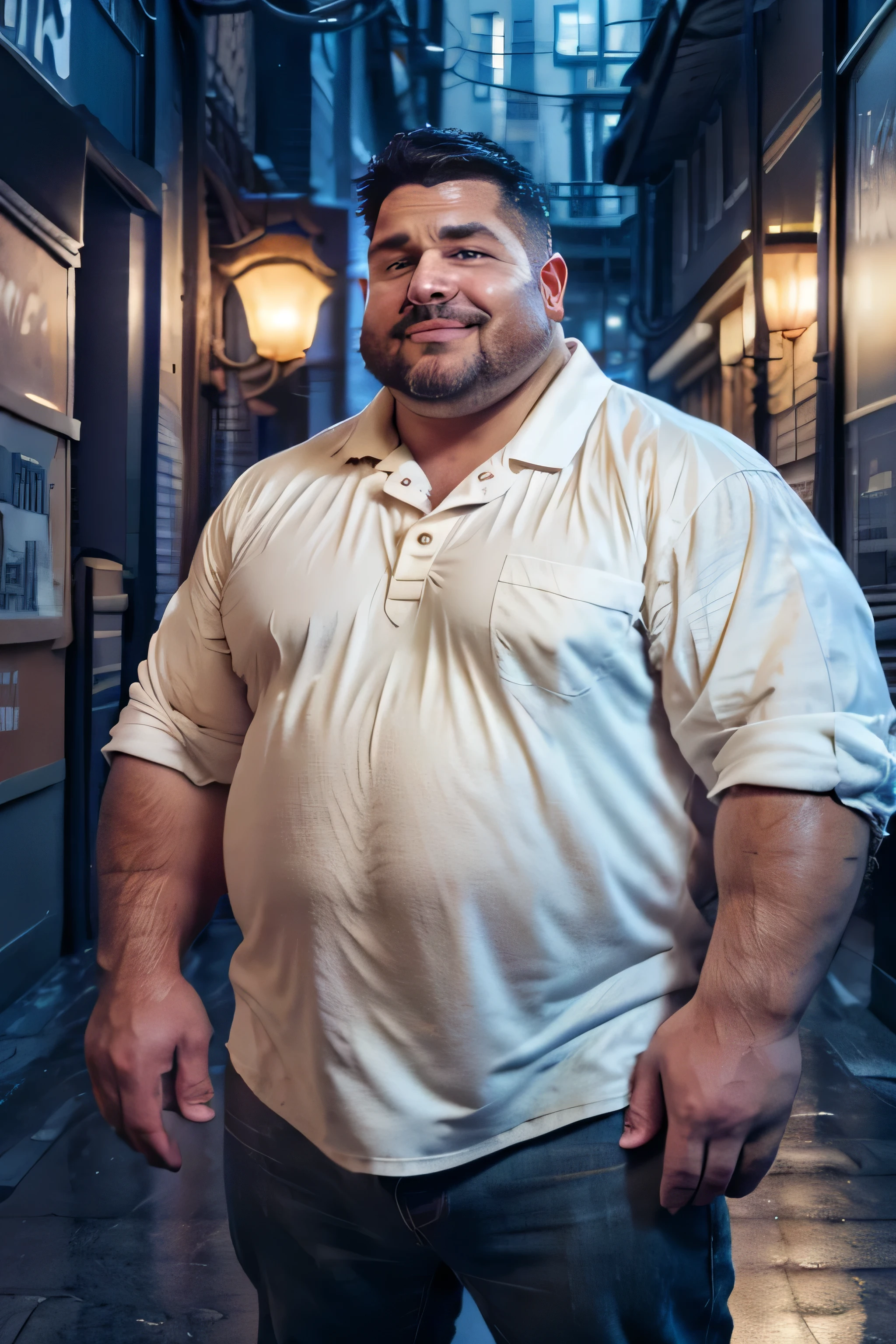 (8k. hyper-realistic. high definition) handsome Caucasian chubby guy. scruffy face. very tall. fat, pale-white skin. jeans, collared shirt, big tummy, buffed, chubby face, hairy arms, thick eyebrows, medium-length hair, fringe. flexing. editorial shot. dramatic lighting, looking intensely at the camera. arm hair, beard, black hair, blurry, blurry background, smiling, collared shirt, facial hair, fat, fat man, looking at viewer, male focus, pocket, realistic, shirt, short hair, sleeves rolled up, solo, chubby face, plump face. outdoors. evening, dark alley, street light, heavy downpour, drenched, boy is soaking wet, boy's face is soaking wet, face is dripping wet.