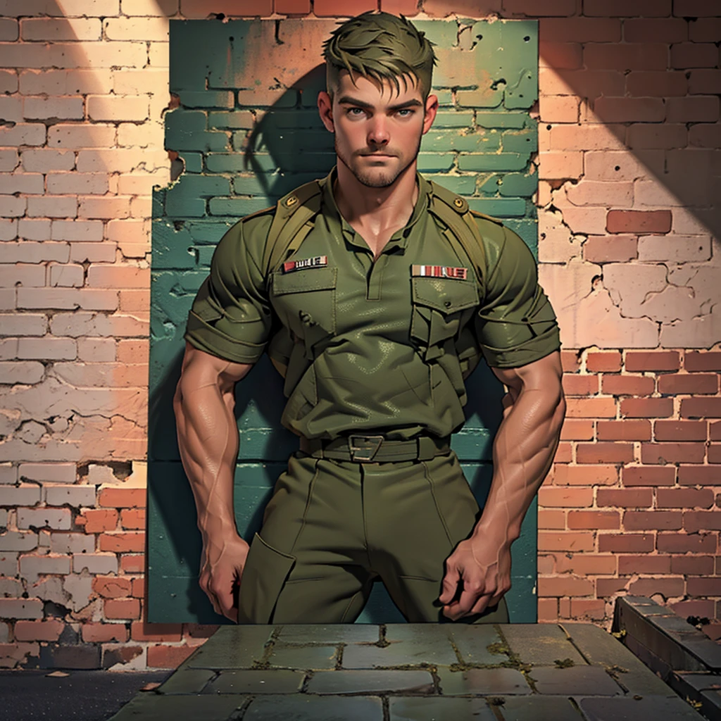 32k, high quality , detailed face , detailed hands , detailed fingers,  detailed muscles , stephen amell posing  as a military man wearing camouflage suit ,standing with((( spread legs))), showing his muscles , ((background brick wall with lot of army and military posters ))