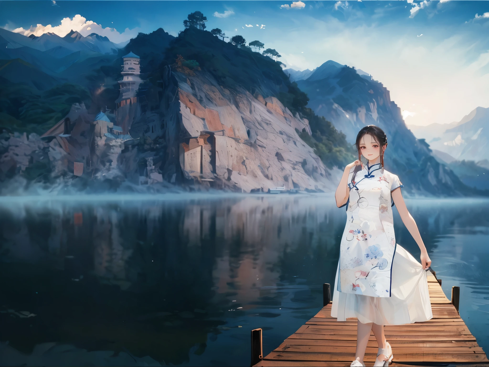 best quality，People wearing Hanfu standing on the boat ， People in Hanfu, Chinese, 穿着ancient China的衣服, ancient China, 身着ancient China服饰, Chinese traditional clothing, Chinese Fantasy