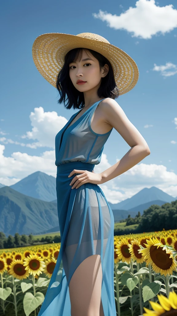 photorealistic photo, best quality, asian woman, white skin, Oval face, Small eyes, Single eyelid, A teardrop-shaped nose with a rounded tip, Small, plump lips, Curly black hair, Facing straight, Indigo blue dress, Multi-colored pastel butterfly pattern see-through chiffon skirt, stand sideways, Hands crossed behind the back holding a straw hat, Standing amidst a garden of sunflowers, The background is a mountain range and a sky full of clouds.