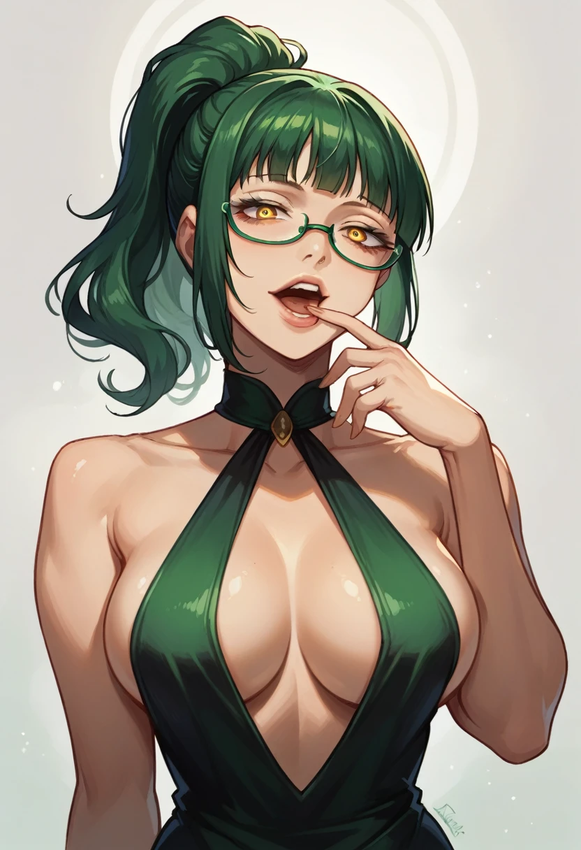 score_9, score_8_up, score_7_up, score_6_up, BREAK, masterpiece, best quality, 1 girl, solo, Maki , finger_to_mouth, detailed eyes, at the nightclub, yellow eyes, green ponytail hair, square glasses, black evening dress with plunging neckline, big breast, yandere, head tilted back