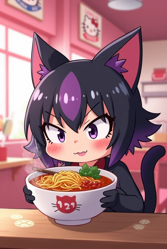 one boy inside a bowl of ramen, toned, flexing, sharp big cat ears, cat tail, big black messy hair, extremely vibrant red eyes, masterpiece, vibrant, micro thong , slim dark black hoodie, full body view, cute face, black thigh socks, combat boots.