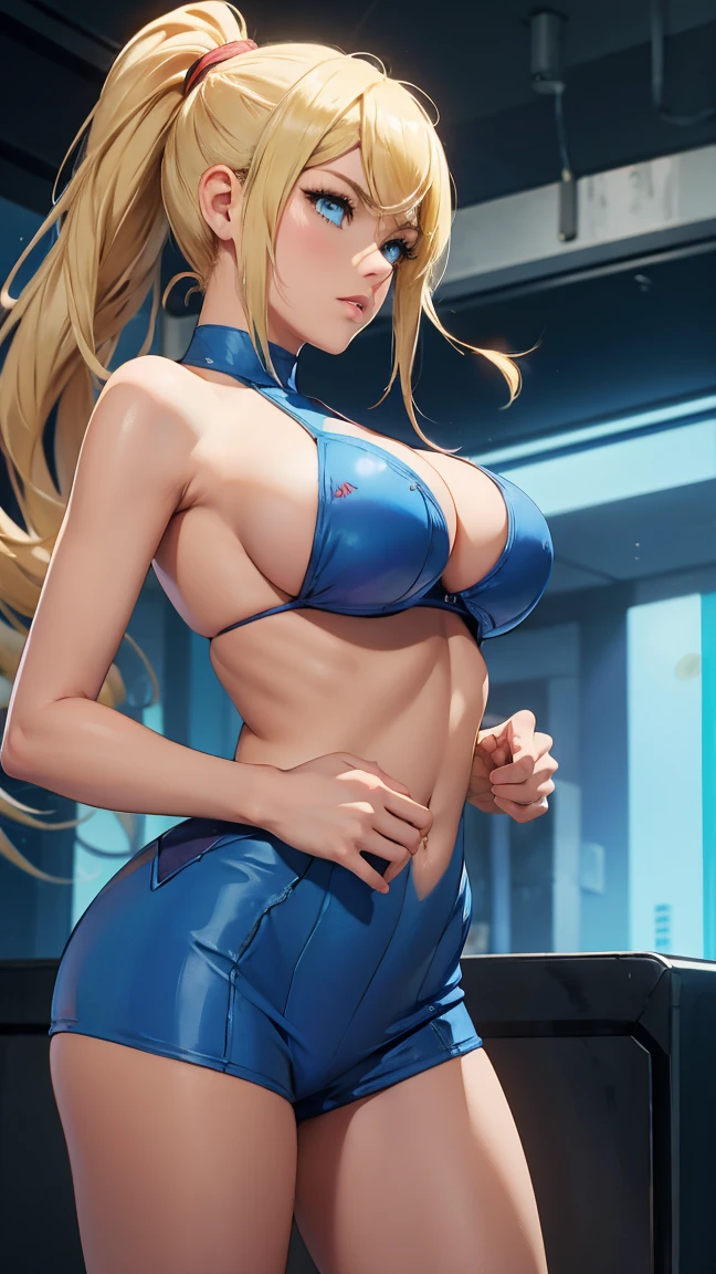 Samus aran, busty, topless, Blonde, blue suit, bikini, guns 