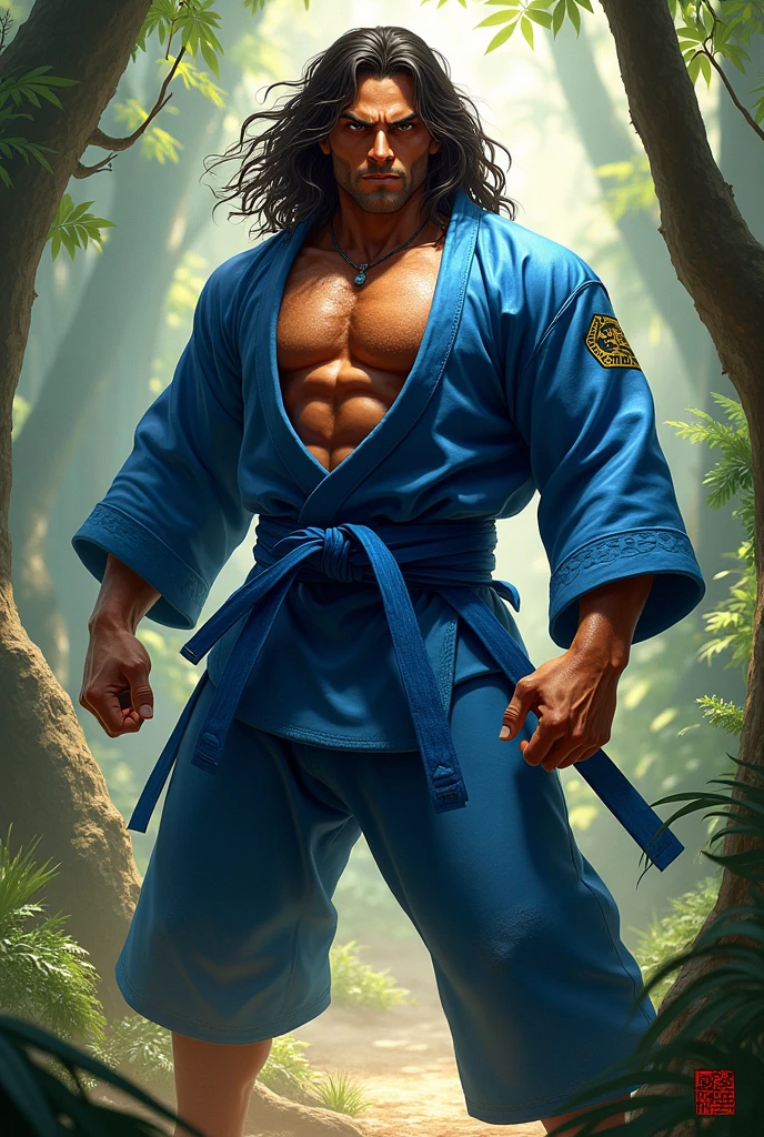 pintura de um homem jogando capoeira, Arte Brasileira, Pintura brasileira, Homem, Alto, Rosto(lindo) barba, Roupa branca(usando abada), cabelo ruivo(vermelho) dancing, Brasil, gingado capoeira, lutador, cansado, suor, lutador de capoeira, roda de capoeira, local amplo, vasto, local(rua), local(azul), local(insolarado), Para a capoeira, utilizamos basicamente o berimbau, o atabaque, o pandeiro, The agogô and the reco-reco, Cabelo curto, vermelho. --auto --s2