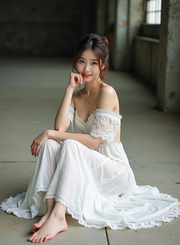 (Highest quality:1.4),(masterpiece:1.4),(Realistic:1.4),(Realistic:1.2),(超High resolution, RAW Photos:1.4),(High resolution, Very detailed:1.2),(8k:1.2),photograph,(Shot from behind:1.3)、Korean women、brown hair photos,One Woman,alone,(In underwear),Very large breasts,((Thigh to head shot:1.3))、(((topless、You can see her large breasts from the side.)))、((Toothy smile))、((Very large breasts:1.4))、Realistic skin textures、Slightly freckled、Slender figure、Realistic skin textures、((background,Concrete wall:1.3)),(topless,The breast is visible from the side:1.6),(Long lace slip,White)、3 woman、The angle at which the nipple is not visible、((Updo long hairstyle))、((Black,Long lace slip:1.4))、Correct toes、Detailed facial features、Long slip covers the buttocks and soles of the feet、Long slip covers your butt、