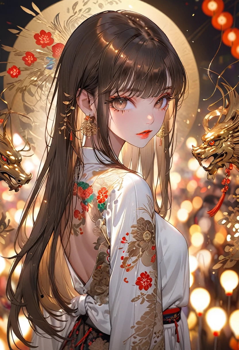 The background is a festival，(Highest quality,Very detailed,High resolution:1.2),beautiful girl，Brown straight hair,Brown bangs，very_Long eyelashes, Detailed lips, Cool look, Soft Skin, Shiny Hair,Exquisite makeup,Looking back at me