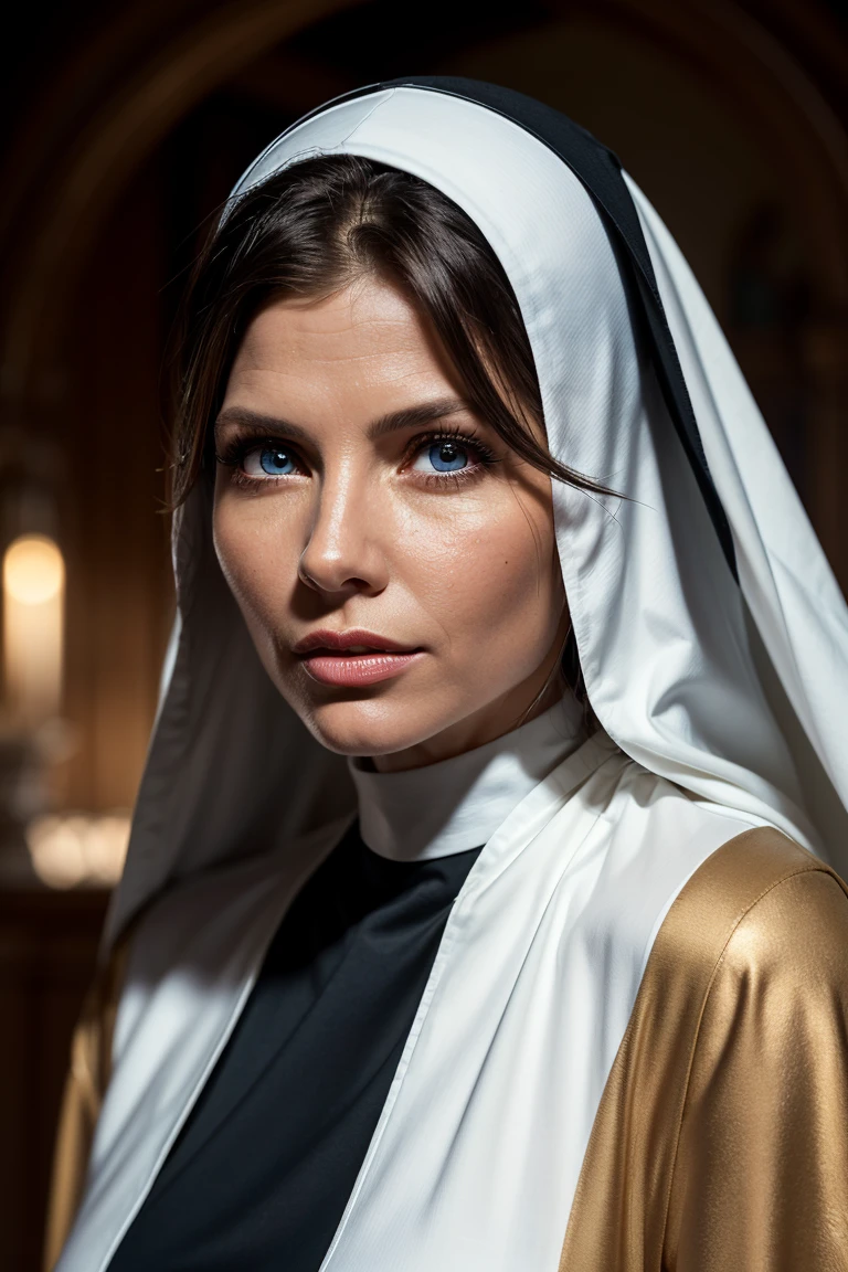 (masutepiece, Best Quality), ultra-detailliert, Photorealsitic, Beautiful woman with blonde hair, ((detailed nun costume)), a necklace, Wavy Hair, Perfect face, Beautiful face, enticing, big gorgeous eyes, Blue eyes, Glamorous body, Big ass, (Night Hall), Kneel