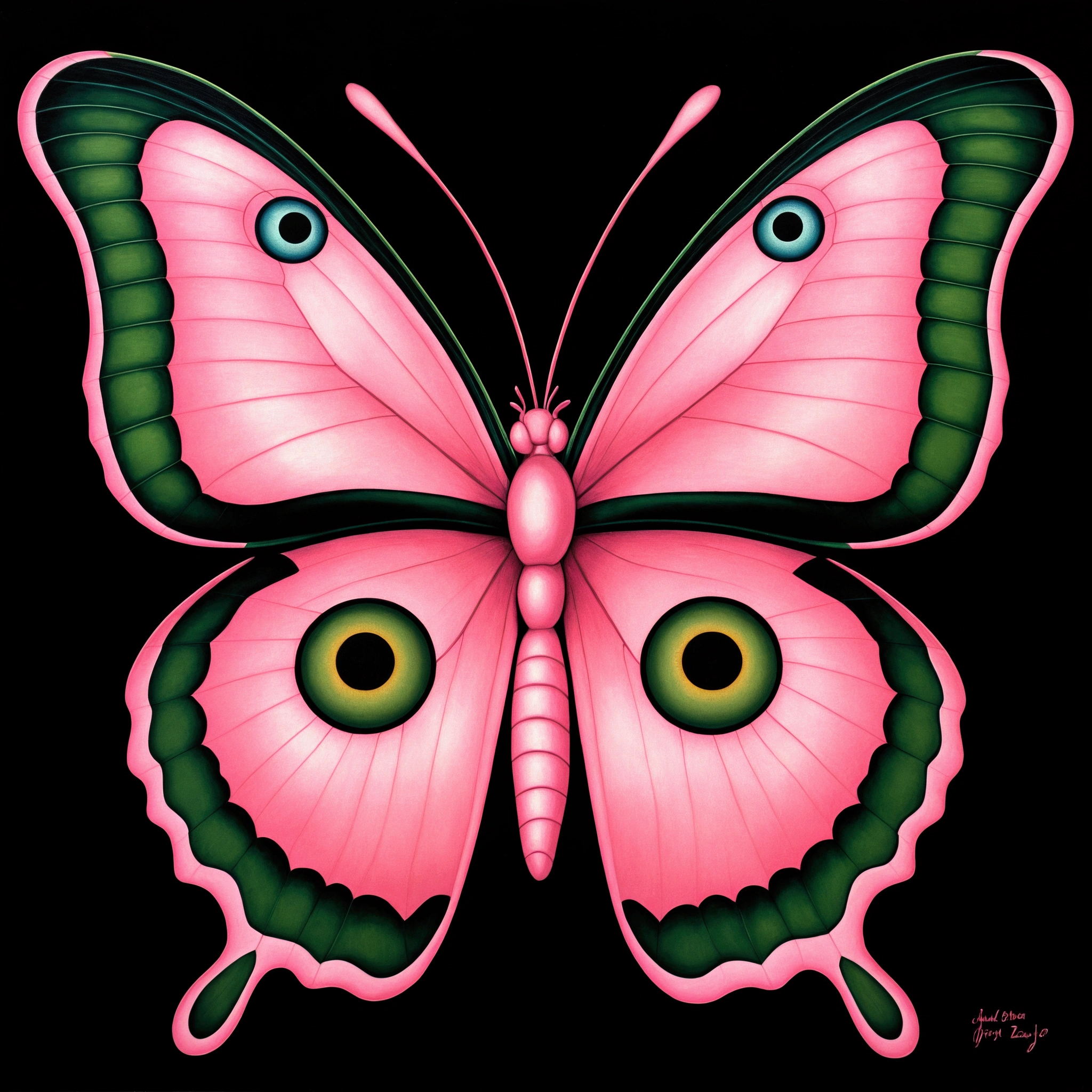 painting of a pink Butterfly with green wings on a black background, big pink eyes, pink face, pink eyes, Butterfly, Symmetrical head and eyes, Butterfly pop art, Judy Chicago, Jonathan Ivey, Very detailed and hypnotic, pink, adrian borda, Mark Reiden's style, Delicate big eyes, Frank Van Zeta