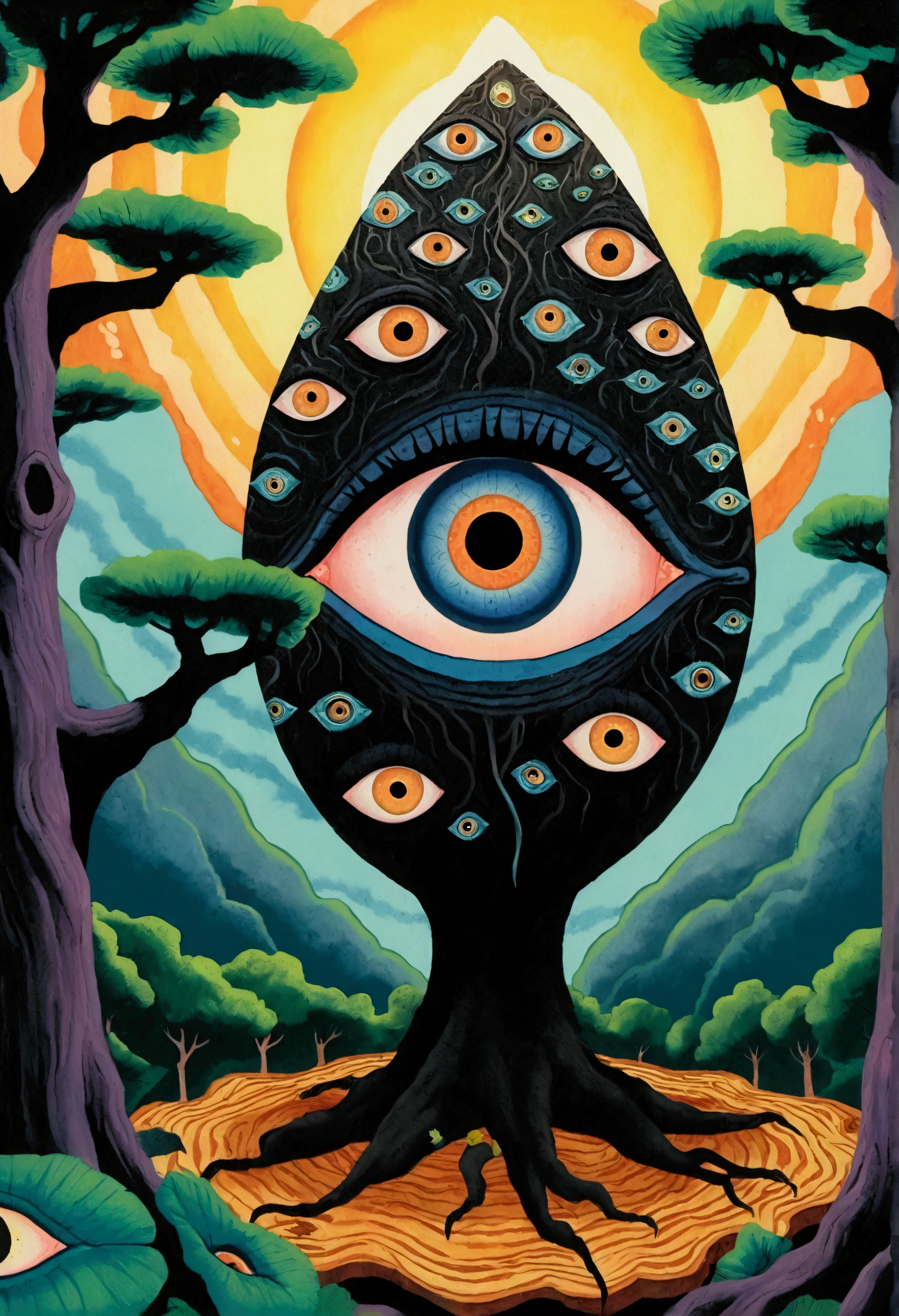 A woman standing on a tree stump,Illustration with a big eye next to it, Giant eye magic spell, Portrait of a mysterious giant eye, Glowing magic eyes, Mysterious Eye, The Third Eye的视觉, eye of the beholder, Psychedelic illustration, The Third Eye, Magical glowing eyes, 神秘的The Third Eye, All-Seeing Eye, Evil world magic painting atmosphere,Colorful black