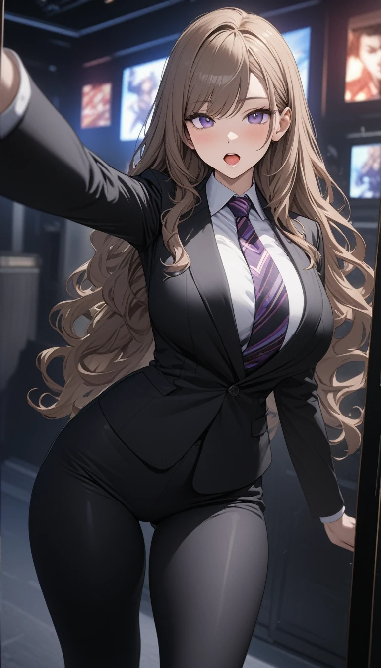 ((masterpiece)), ((high quality)),((ultra-detailed)), ((extremely detailed)),(character portrait), 4K,8K,wearing black pants suit, white collared shirt, black pants, 21yo, a beautiful woman, very tall woman with great style, perfect big breasts, perfect big ass, tight suit, slender body, 1girl, solo, middle long wavy hair, brown hair with red accent, swept bangs, perfect hands, perfect face, perfect purple eyes, perfect body, beautiful legs, cinema lightning, purple striped patterned necktie, cold beauty, open mouth, close eyes, front view, full body, selfie