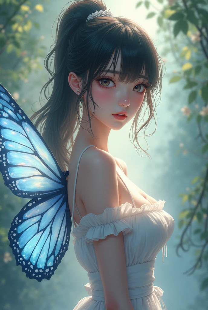 masterpiece, {{{best quality}}}, {{ultra-detailed}}, {illustration}, cinematic angle, {detailed light},cinematic lighting. Veraa a beautiful 3d spectral crystal flower, soft fairy mist rose, transparent petals, colorful butterflies flying around the rose,