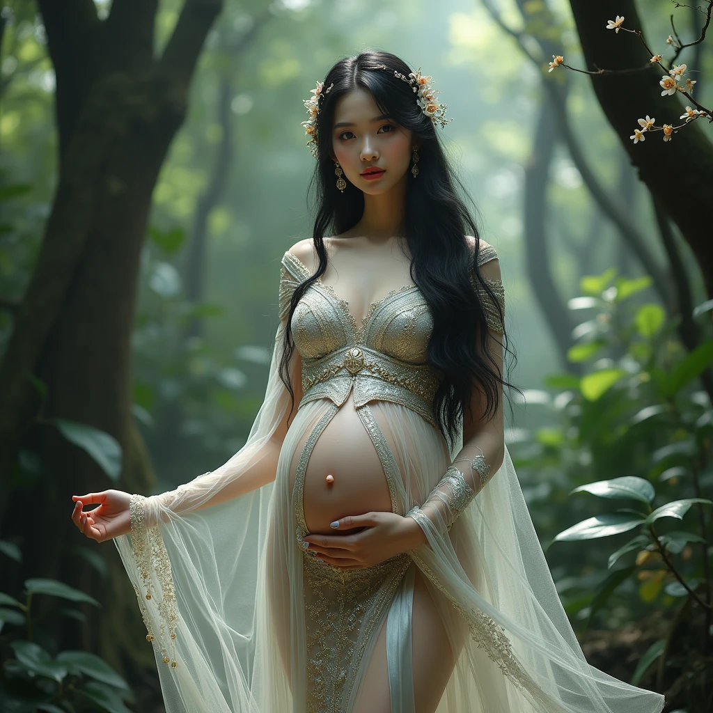 (Masterpiece:1.2), best quality, (illustration:1.2), (ultra-detailed), hyper details, (delicate detailed), (intricate details), (cinematic light, best quality Backlights), clear line, from below, soloist, soft lights, ethereal, magical looking, a candid looking girl with soft curly black hair, brown eyes, forest, fairytale, full body, perfect body, big breasts, magical, light particles, fireflies, cute smile, pregnant, big belly bump.
