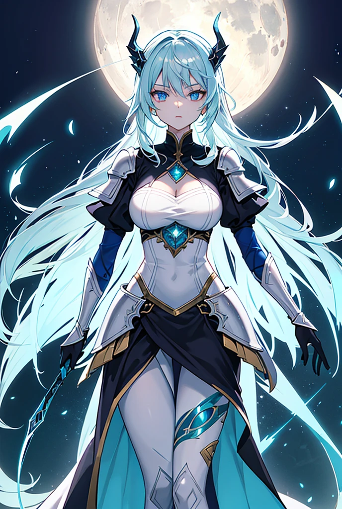 Anime character with blue hair and white costume standing before the full moon, moon themed costume, unknown art style, inspired by Bian Shoumin, portrait anime space cadet girl, hero 2d fanart art, inspired by the moon god Yellow God, moonlit night, moonlight on the water, girl with a bow, high ponytail, single ponytail, long hair ponytail, spell special effects, thick clouds, with headphones