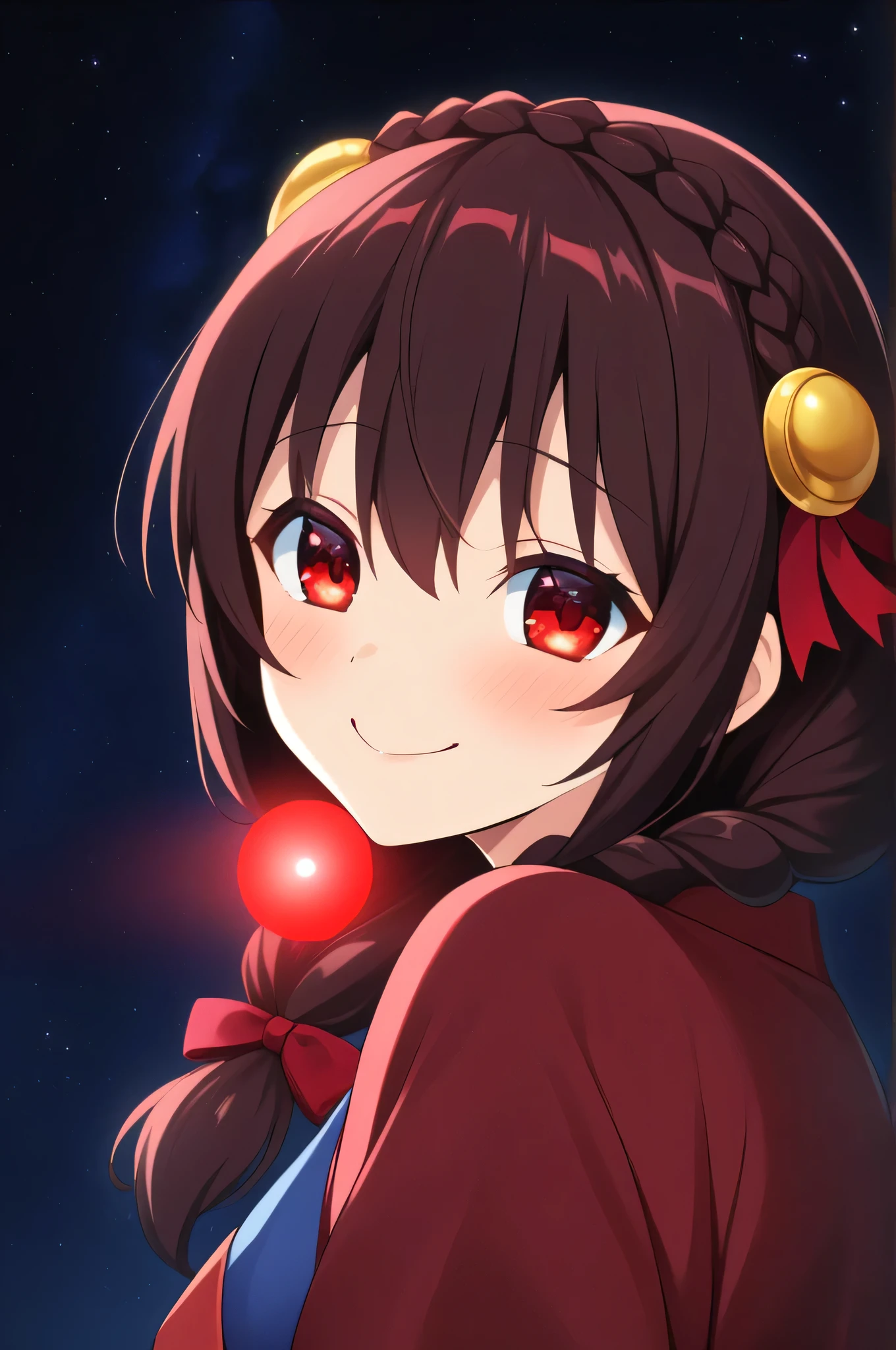 Girl, pale skin, fluffy medium-length brown hair, glowing red eyes, sailor uniform, laughing maniacally, holding cheeks, cute, yandere, anime
