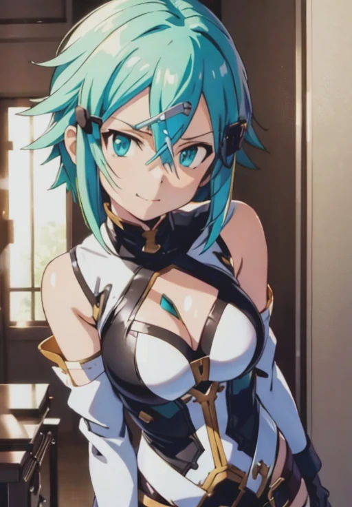 Sinon-GGO, smirk, (seductive, alluring, charming:1.3), beautiful, (highly detailed, high quality:1.3)