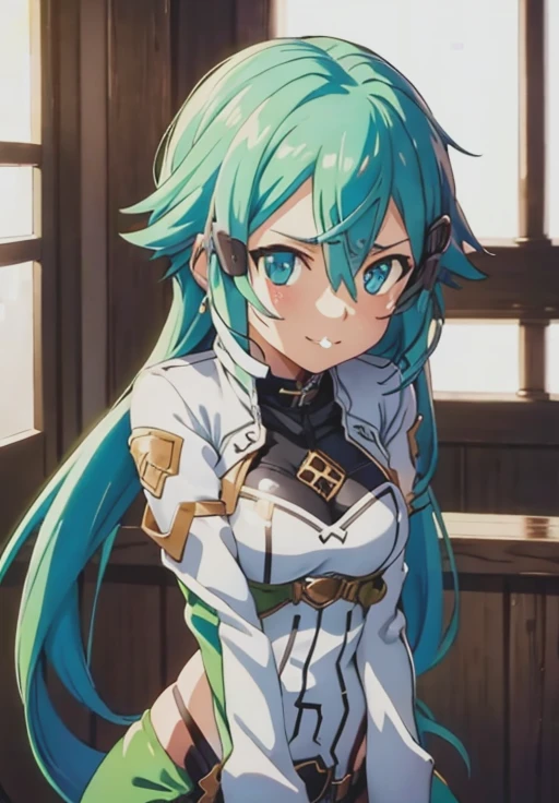 Sinon-GGO, smirk, (seductive, alluring, charming:1.3), beautiful, (highly detailed, high quality:1.3)