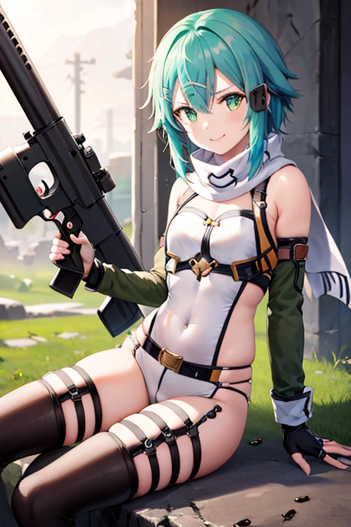 ​masterpiece, top-quality, hight resolution, 1girl in, sinon1, scarf, Fingerless gloves, hair adornments, hair clips, Thigh strap, Cowboy Shooting, Have a gun, Sniper rifle,, sitting on, Curvaceous, Small waist, bbw,, surrounded by people、a smile