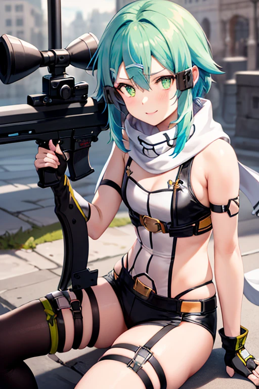 ​masterpiece, top-quality, hight resolution, 1girl in, sinon1, scarf, Fingerless gloves, hair adornments, hair clips, Thigh strap, Cowboy Shooting, Have a gun, Sniper rifle,, sitting on, Curvaceous, Small waist, bbw,, surrounded by people、a smile