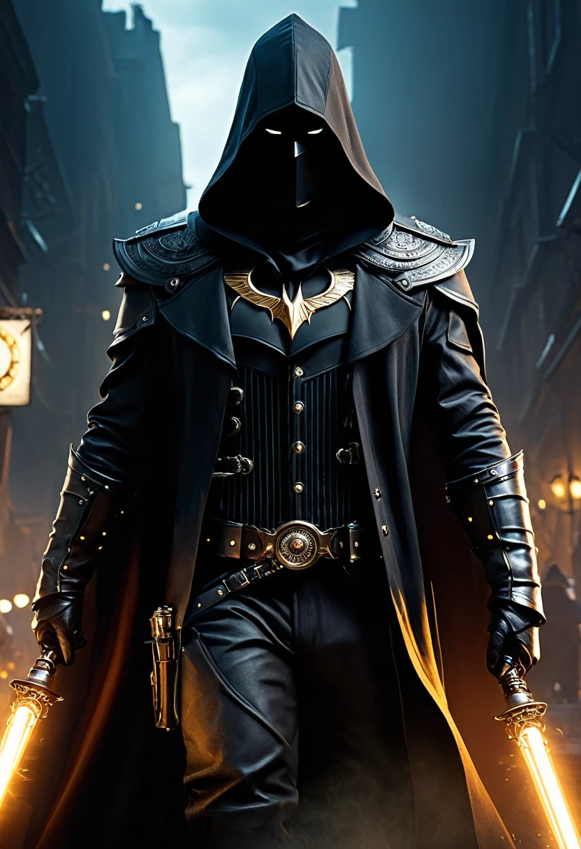 (Ghost of the Black Hood:1.5), (extremely detailed CG unity 16k wallpaper:1.1), (Denoising Strength: 1.45), (masterpiece:1.37), (Full body posture:1.4:), full length; from head to foot; Front view; Glowing eyes; Steampunk; Clocks;  Devil&#39;s Breath; Steampunk; full length; from head to foot; Front view; Ninja holding a samurai sword, , Cyberpunk Illustration, symmetry, detailed,