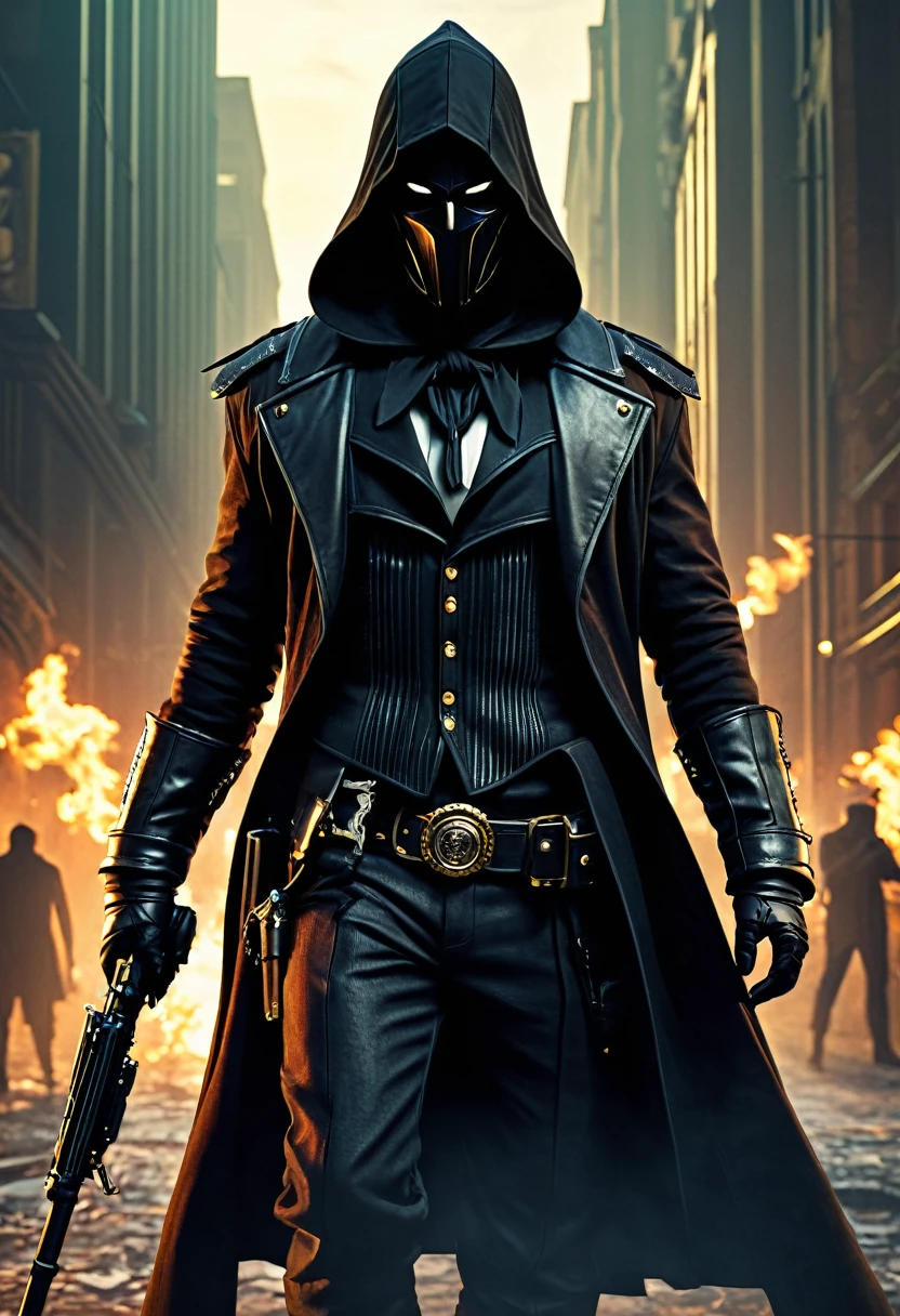 (Ghost of the Black Hood:1.5), (extremely detailed CG unity 16k wallpaper:1.1), (Denoising Strength: 1.45), (masterpiece:1.37), (Full body posture:1.4:), full length; from head to foot; Front view; Glowing eyes; Steampunk; Clocks;  Devil&#39;s Breath; Steampunk; full length; from head to foot; Front view; Ninja holding a samurai sword, , Cyberpunk Illustration, symmetry, detailed,