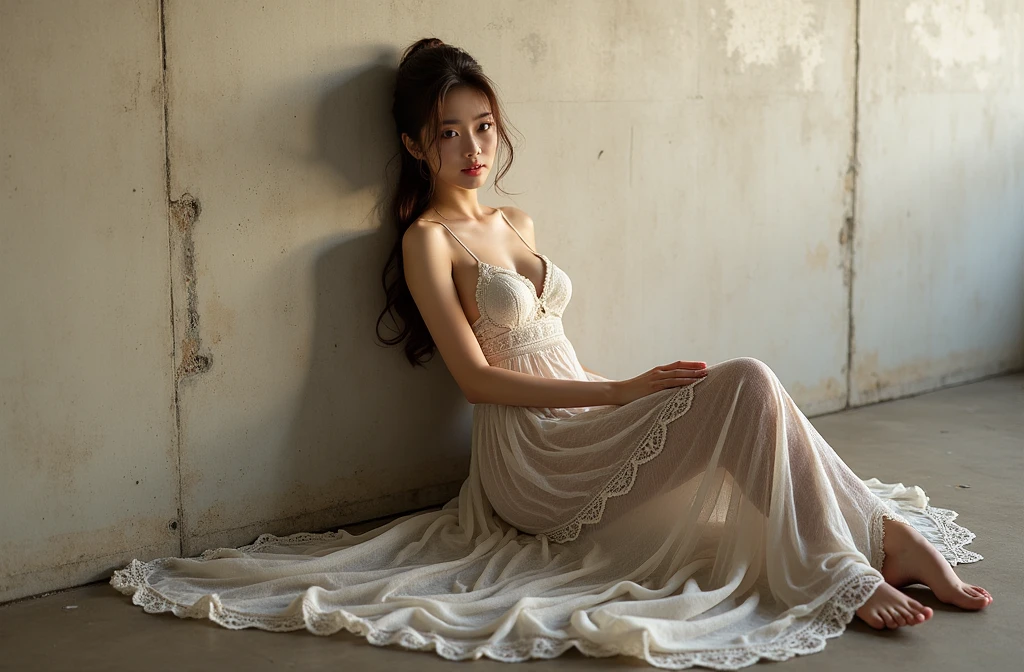 (raw photo:1.1),japanese girl,sleeping,lying,on side,chiffon dress,by window,windy,lace curtains,