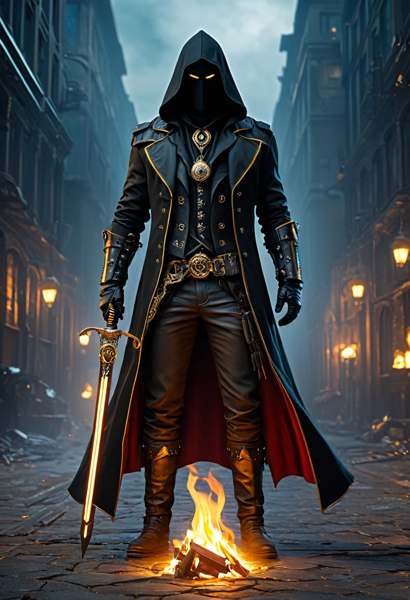 (Ghost of the Black Hood:1.5), (extremely detailed CG unity 16k wallpaper:1.1), (Denoising Strength: 1.45), (masterpiece:1.37), (Full body posture:1.4:), full length; from head to foot; Front view; Glowing eyes; Steampunk; Clocks;  Devil&#39;s Breath; Steampunk; full length; from head to foot; Front view; Ninja holding a samurai sword, , Cyberpunk Illustration, symmetry, detailed,