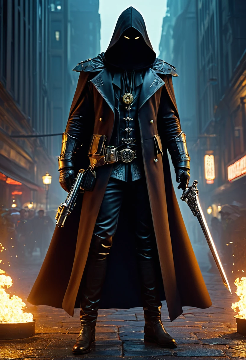 (Ghost of the Black Hood:1.5), (extremely detailed CG unity 16k wallpaper:1.1), (Denoising Strength: 1.45), (masterpiece:1.37), (Full body posture:1.4:), full length; from head to foot; Front view; Glowing eyes; Steampunk; Clocks;  Devil&#39;s Breath; Steampunk; full length; from head to foot; Front view; Ninja holding a samurai sword, , Cyberpunk Illustration, symmetry, detailed,