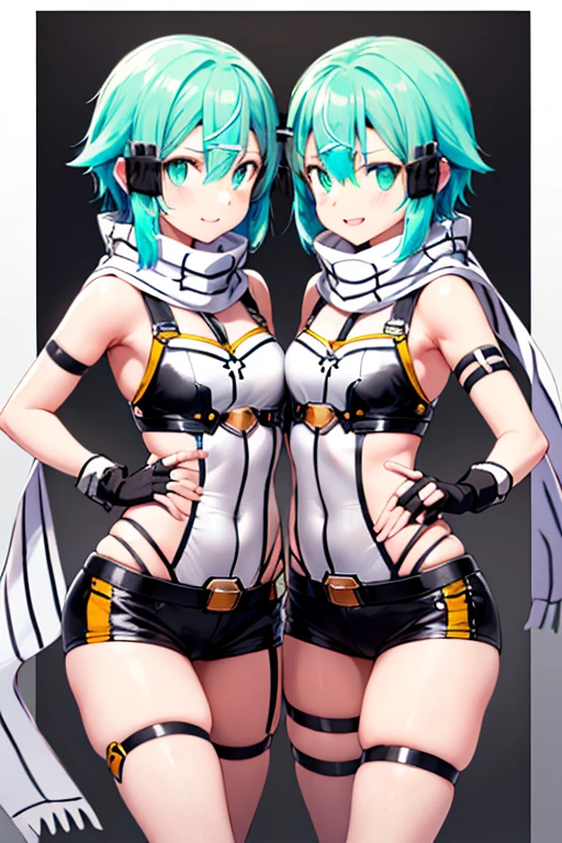 ​masterpiece, top-quality, hight resolution, (((sinon, scarf, Fingerless gloves, hair adornments, hair clips, Thigh strap, Cowboy Shooting, Have a gun, Sniper rifle))),, sitting on, Curvaceous, Small waist, bbw,, surrounded by people、a smile (((cloned face)))
(((similar identical twins)))
All the girls have the exact same face, The two have the same face and figure, as if they were mirror images