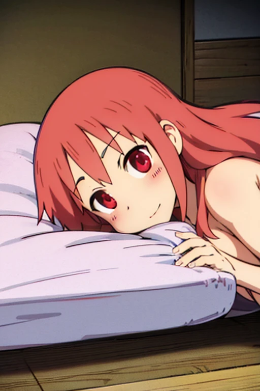Perverted man resurrected as Nagisa, ginger hair, 'I am Nagisa', possessed Nagisa, glowing red eyes, perverted, in bedroom, 'this is my body now', nsfw, happy, masturbation, intensive, lolicon, seductive licking lips, naked, fongering, small breast, horror settings, dark background, sweating