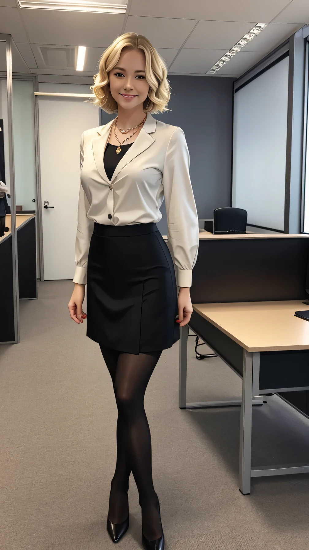 Blonde Caucasian Woman,、Are standing、Full body photo、short hair、Wavy Hair、Closed mouth smile、ear piercing、necklace、Office Lady Suits、Knee-length skirt、black tights、pumps、The background is the office