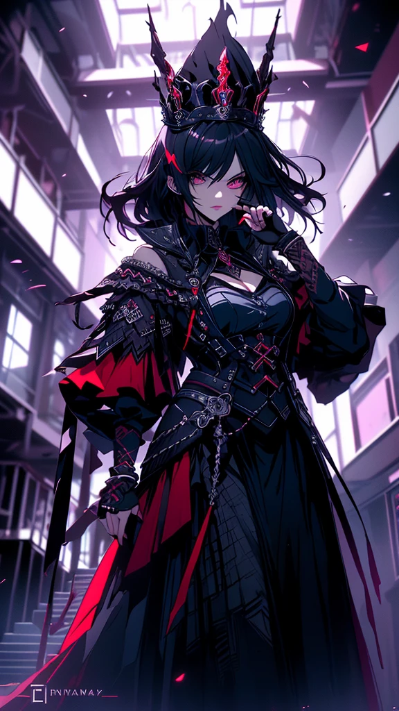 The image depicts a character, a sinister anime character with a cunning yet created aura. She is bloody, holding a knife and feeling deranged, resulting in anxiety and fear. The sight of ten at the same time is sexually exciting. Figure ragged but modern clothes in arcade, casual and street style. despite its dark nature, there is hidden beauty.