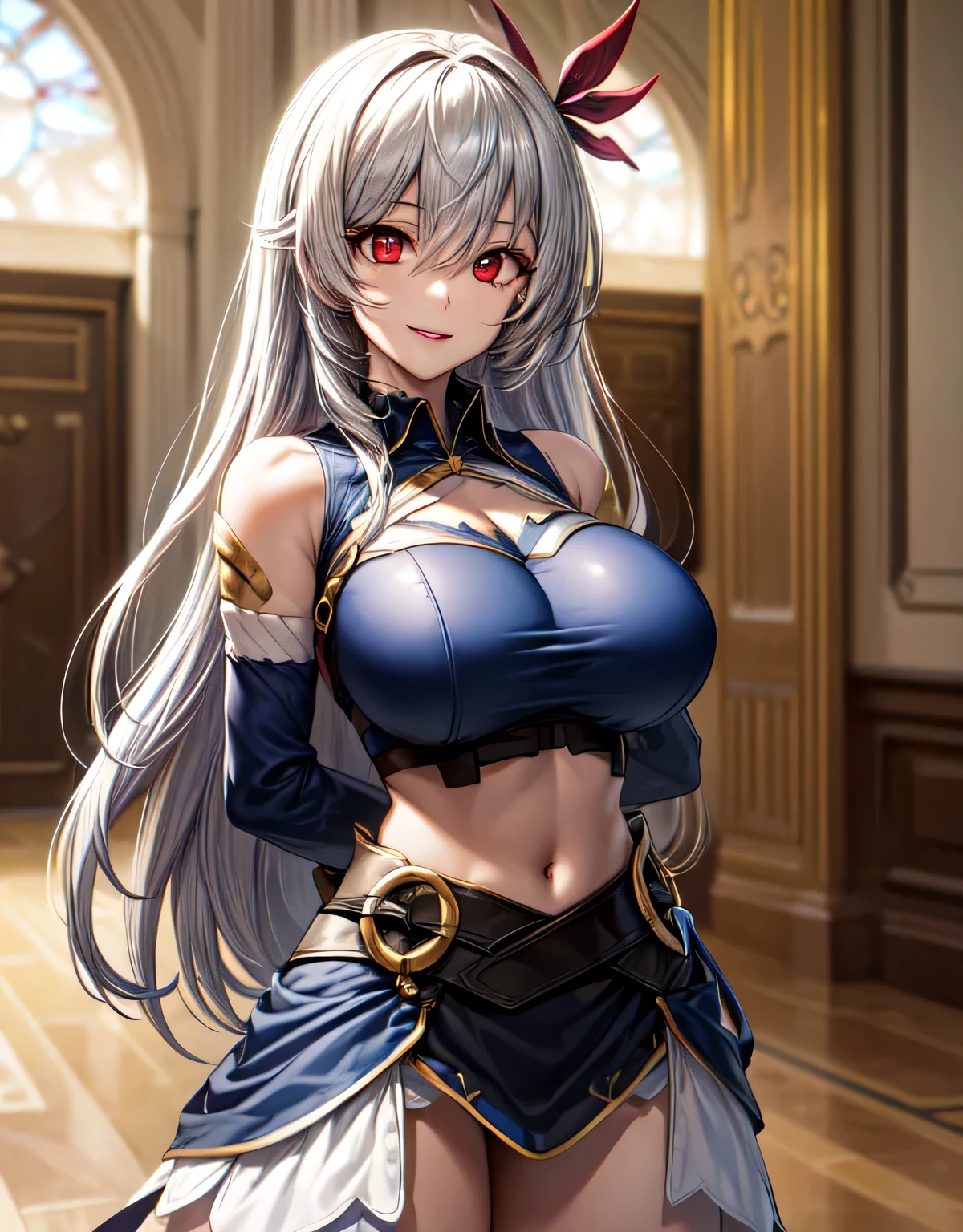 (large breasts:1.55),(shiny,hair),((solo)),((masterpiece)),((best quality)),perfect anatomy,slim waist,perfect image,8k UHD,(beautiful detailed eyes:1.5),extremely detailed face,standing,(upper body:1.25),(look at the front:1.5),(arms behindback:1.15),ultra-detailed,absurdres,ultra-highres,aaev, long hair, hair ornament,cleavage, clothing cutout, blue shirt, sleeveless shirt,midriff, skirt, blue skirt,(indoor hall),smile,(red eyes),lips,