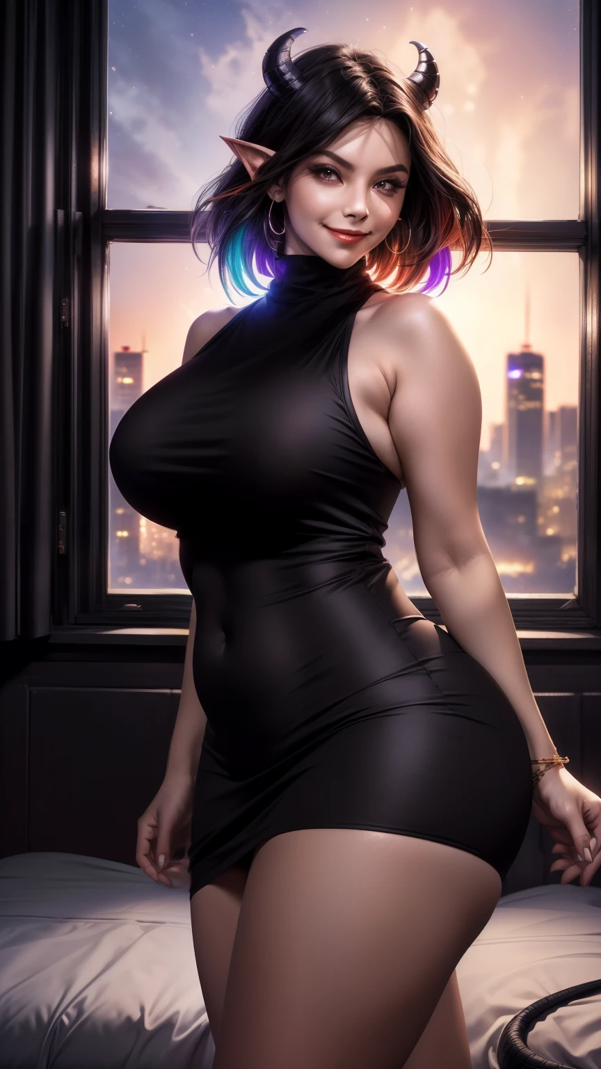 (((work of art)), (best qualityer:1.7), (detailded:1.4), (high resolution:1.4), 8k, (colorfully:1.5), high resolutionolution, clear image, 4K, High definition, (beautiful detailded background:1.2), (beautiful lighting:1.2), (highly detailded:1.2), perfect lighting, (8k wallpaper:1.2), (highly detailded:1.2), (extremely detailded CG:1.2), reddish_in gold, 1 girl, standing alone, Eyes red, hair blue, cabelo roxo, hair between the eyes, shorth hair, Demon girl, demon tail, thin tail, breasts big, pointy ears, (Curvy Body), don, short don, black don, sleeveless, sleeveless don, bared shoulders, turtleneck don, hair ornament, gaping mouth, ((Evil smile)), (presumptuous), looking ahead at viewer, sexly, Inside the house, bed-in, window, ((natta)), moonligh, sky, natta sky, stele, ((citys)),
