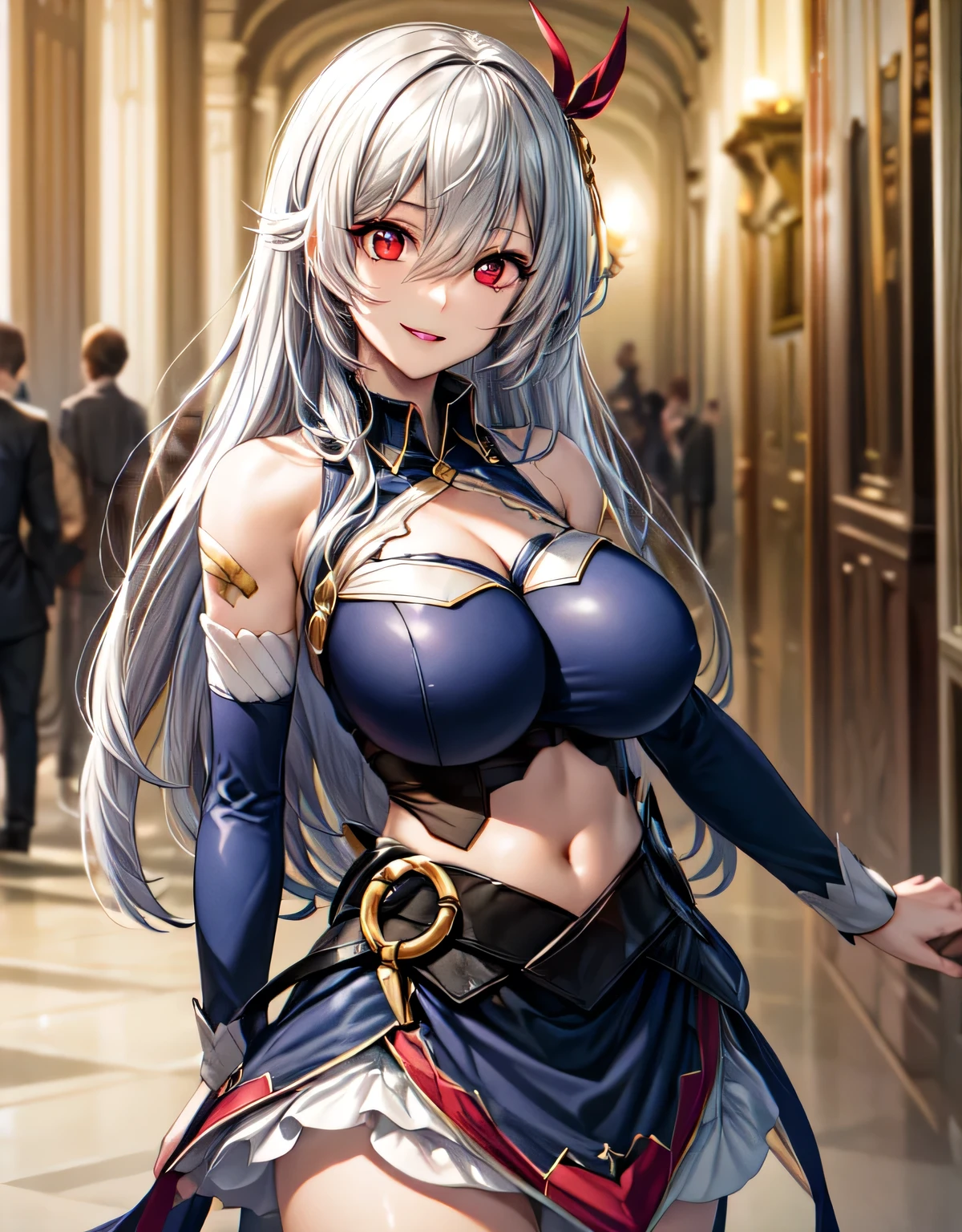 (large breasts:1.55),(shiny,hair),((solo)),((masterpiece)),((best quality)),perfect anatomy,slim waist,perfect image,8k UHD,(beautiful detailed eyes:1.5),extremely detailed face,standing,(upper body:1.25),(look at the front:1.5),(arms behindback:1.15),ultra-detailed,absurdres,ultra-highres,aaev, long hair, hair ornament,cleavage, clothing cutout, blue shirt, sleeveless shirt,midriff, skirt, blue skirt,(indoor hall),smile,(red eyes),lips,