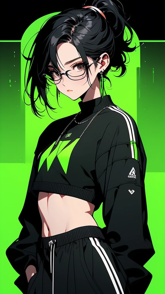 Saori_greenarchive, bedazzling eye, exposed Stomach, 露出したbelly button, Naked tummy, length_hair, 前hair, green_eye, black_hair, , have,  baseball_cap, Sleeveless, green_hair, black_Have, belly button, Stomach, Sparkling, Starlight、A dynamic pose、