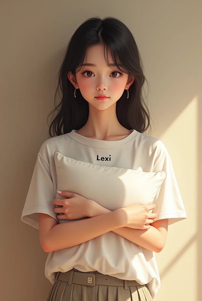 ollarbone,pastel colors t-shirt,off-shoulder look,bare shoulder,midriff peek,micro shorts,open mouth,(tongue out:2),lying,front view,upper body,Embarrassed,(1girl,Beautiful 14 year old girl),((Slender,Small breasts,Small face,)),(looking at viewer),Black Hair,bangs,one side up,Beautiful and detailed,(Dimly lit room:1.5),Simple Background,bed,pillow,best quality,Brilliant Quality