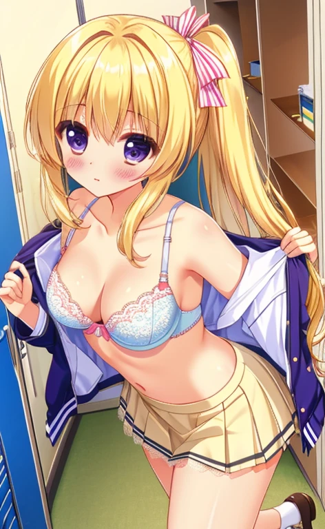image number 1 - girl in anime panties laying on her side showing her ass in the grass, 1girl, striped, underwear, skirt, solo, panties, outdoors, long hair, necktie, blonde hair, looking at viewer, open mouth, shirt, hoshimiya ichigo, striped panties, blush, bow, white shirt, lifted by self, spread legs, striped necktie, day, clothes lift, sitting, tree, short sleeves, skirt lift, red eyes, , smile, bow panties, sky, blue sky, pink necktie, bare legs, teeth